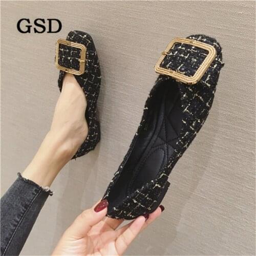 Women Soft Square Head Ballet Flats Metal Buckle Comfort Slip On Casual Shoes Plus Size 42 Zapatos De Mujer Black Beige