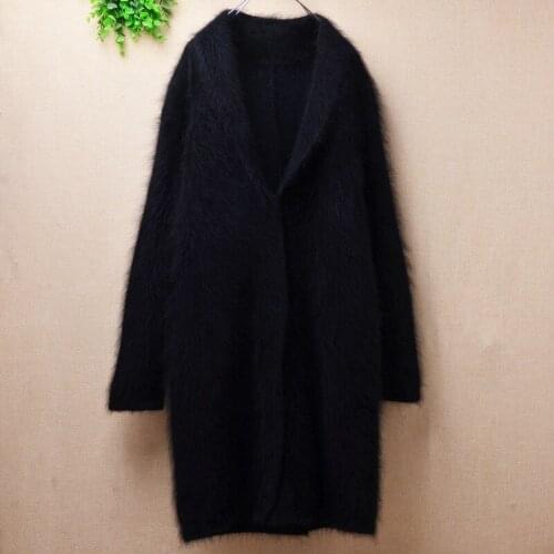 Ladies women black long V-neck hairy mink cashmere loose cardigans button angora fur winter knitwear inside jacket coat sweater