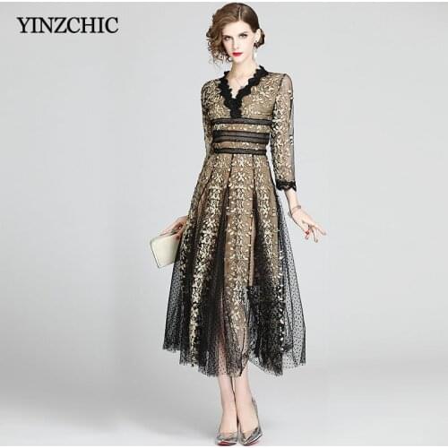 Floral Embroidery Woman Party Dress V-neck Solid Evening Dresses Solid Lace Mesh A-line Skirt Elegant Dress Skirt for Woman
