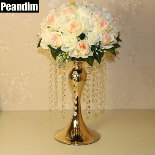 PEANDIM Gold Candle Holder With Crystal Beads Romantic Wedding Centerpiece Candle Stand Home Party Decor Flower Rack 1Lot=2pcs