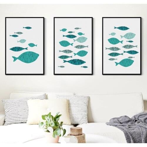 07G Simple Abstract Blue Green Black Spot Fish Group A4 A3 Canvas Art Painting Print Poster Picture Wall Home Decoration Mural
