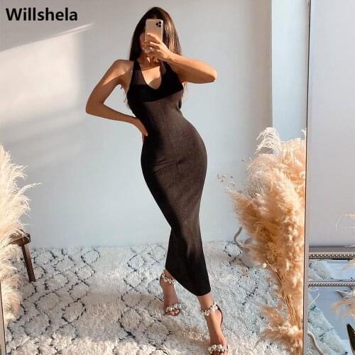 2021 Women Fashion Halter Dress Metal Chain Straps Sexy V-neck Backless Vintage Elastic Knitted Female Long Dresses Robe Femme