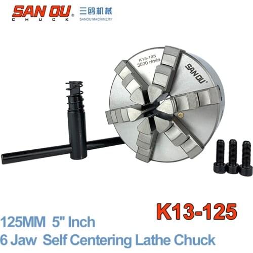6 Jaw 125mm 5'' Lathe Chuck Self Centering SANOU K13-125 Hardened Reversible Mounting Tool for Drilling Milling woodworking