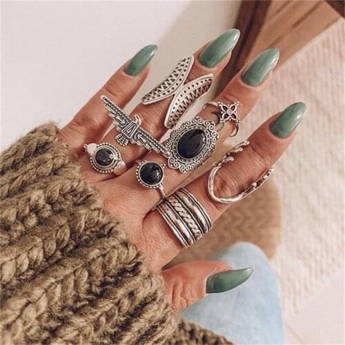 8 Pcs/Set Bohemian Vintage Rings Women Silver Color Eagle Antlers Flower Gem Joint Ring Set Ladies Charm Jewelry Lover Gift