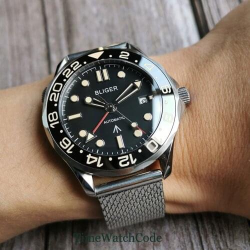 Bliger 41MM Mens Wristwatch GMT Function Automatic Movement Date Yellow Marks Mesh Band Sapphire Crystal Ceramic Bezel Insert