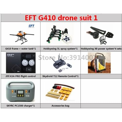 EFT new G410 four-axis 10L 10kg agricultural spray drone frame with JIYI K++ T12 remote control Hobbywing X8 power system kit