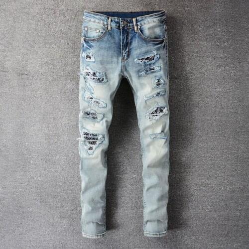 American Street Style Fashion Men Jeans Retro Light Blue Elastic Slim Ripped Jeans Men Patch Designer Hip Hop Denim Punk Pants