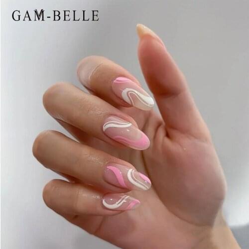 GAM-BELLE White Pink Stripe Pattern False Nails French Long Ellipse Full Artificial Fake Nails Tips DIY Manicure Nail Art Tools