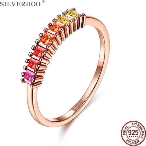 SILVERHOO Ring For Women 925 Sterling Silver Variety Inlay Colorful Zirconia Rings Rainbow Style Engagement Party Fine Jewelry