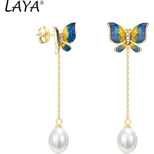 Laya Silver Butterfly Drop Earrings For Women 925 Sterling Silver Natural Freshwater Bread Pearl Colorful Enamel Fine Jewelry