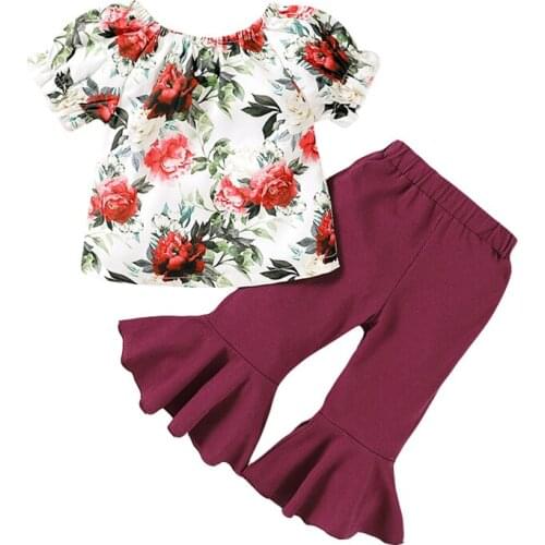 New Baby Summer Clothing Newborn Infant Baby Girls Short Sleeve Ruffled Floral Tops Fashion Flared Pants Outfits