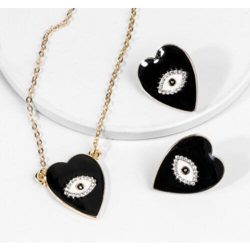 Lost Lady Fashion Heart Eye Pendant Necklace Stud Earrings Set for Women Enamel Rhinestone Girls Party Jewelry Sets Wholesale