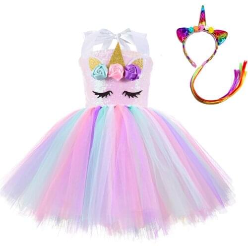 Cute Unicorn Tutu Dress for Baby Girls Cosplay Princess Children Halloween Costume with Unicorn Headband Birthday Gift