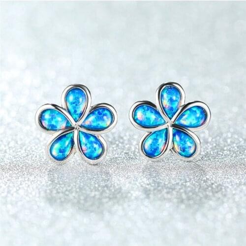 Cute Female Blue Opal Stone Earrings Silver Color Wedding Earrings For Women Minimalist Bridal Flower Small Stud Earrings
