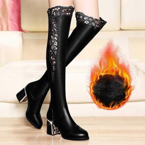 2020 Fashion Womens Black Pu High Heels Boots New Winter Warm Knee High Boots Soft Leather Thigh High Boots Shoes
