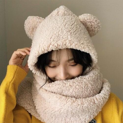 2020 Winter Womens New Hat Warm Cute Bear Ear Cap Casual Plush Hat Scarf Gloves Set Casual Solid Color Fleece Womens Hat