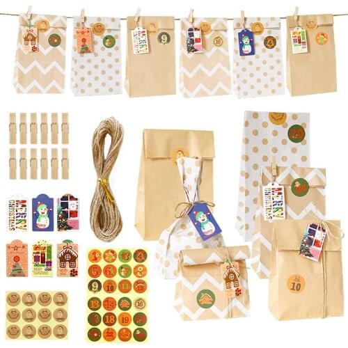 Christmas Advent Calendar Bags Set Premium Kraft Paper 24 Days Advent Calendar Gift Drawstring Bags DIY Christmas Embellishments