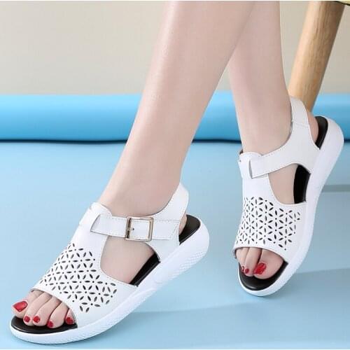 Hollow Split Leather Women Sandals Breathable With Buckle Summer Womens Shoes Outdoor Luxury Slippers Ladies Wedge Sandals