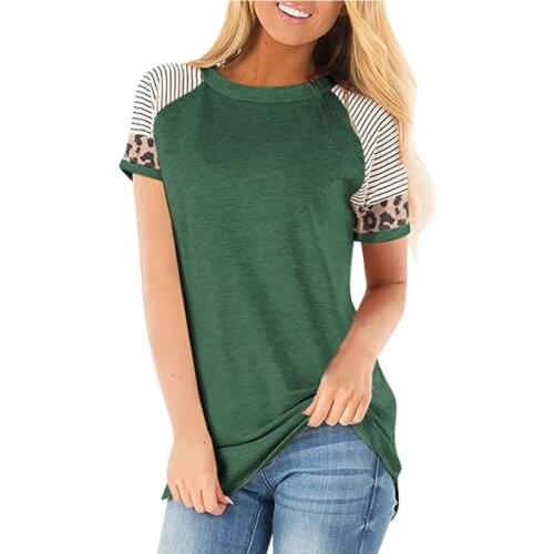 Women O-neck Striped Leopard Patchwork T-shirt Top New Arrival Summer Short Sleeve Casual Loose Tee Ladies Fashion Elegant Top