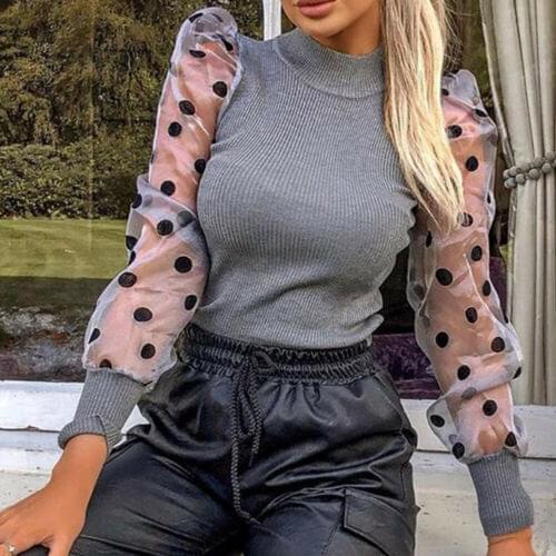 Autumn New Women Sexy Sheer Mesh Puff Long Sleeve Turtleneck Rib knitted Top1 Ladies Polka Dot Blouse Shirts Brown Gray Base Top