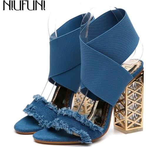 Denim High Heels Sandals Open Toe Platform Rome Style Women Shoes Elegant Square Heels Elastic Bandage Woman Sandals Solid Shoes
