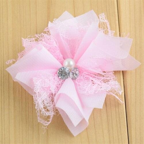 16pcs/lot 16 Color U Pick 3.5 Inch Chiffon Lace Fabric Flowers With Rhinestone Pearl Center Garment Hair Accessories MH66