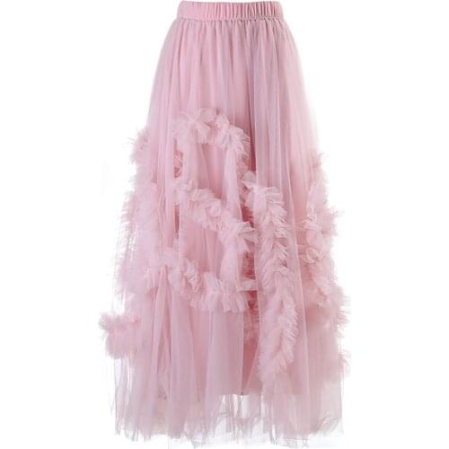 2021 Summer New Skirt Women Solid Mesh Lace Patchwork High Waist Elastil Waist Cake Skirt