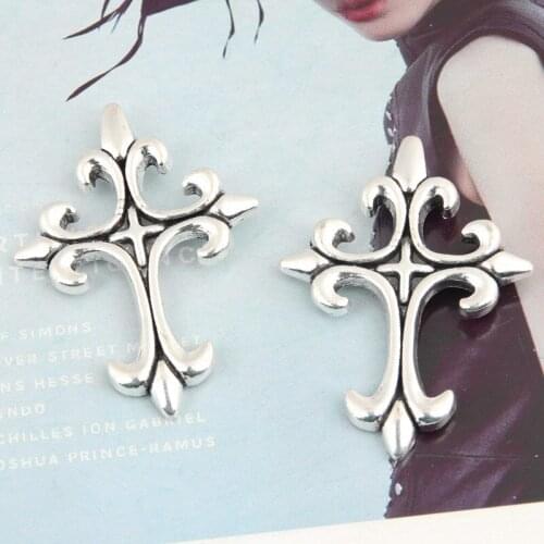 5pcs/lot Silver Flower Forms Cross DIY Religious Beliefs Pendant Handmade Charms for Jewelry Making 39x28.5 Mm