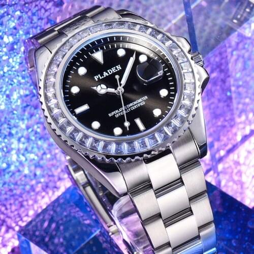 PLADEN Mens Watches Luxury Original Silver Diamond 3Bra Waterproof European Montre Quartz Movement Shock Resistant Wristwatch