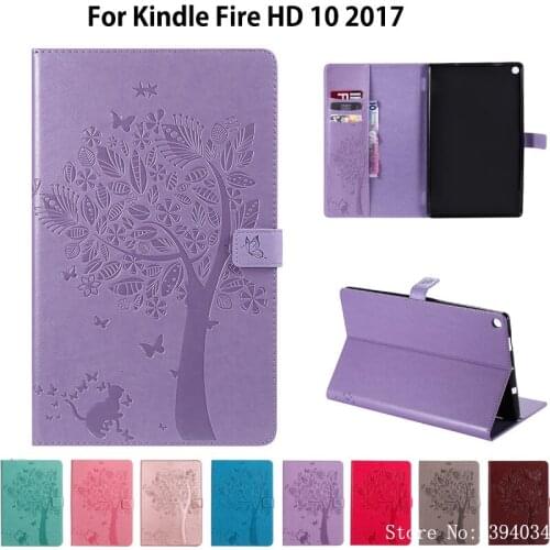 Case For Amazon Kindle All-New Fire HD 10 7th generation Tablet with Alexa 10.1" 2017 Cover Cat Tree Pattern Stand Skin Shell