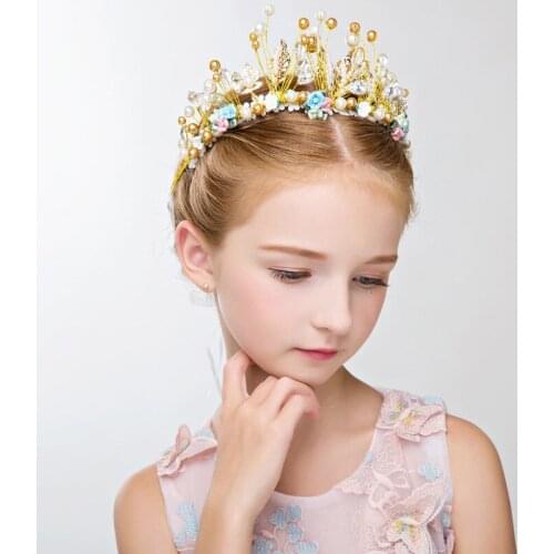 Childrens hair accessory headband Girls pearl headdress Girls flower Korean photo shoot crystal pink flower childrens hair b
