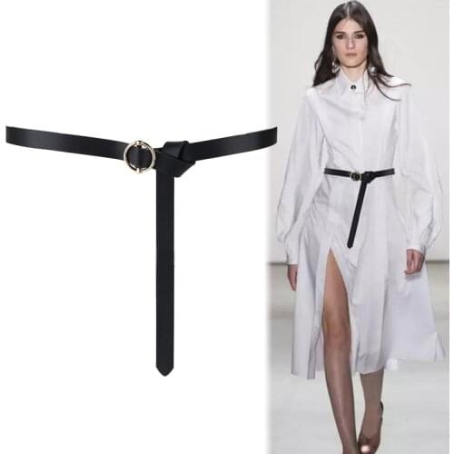 Gold Round buckle long thin belts No Pin alloy buckles belt Genuine Leather black knot strap women dress decorate gifts jeans