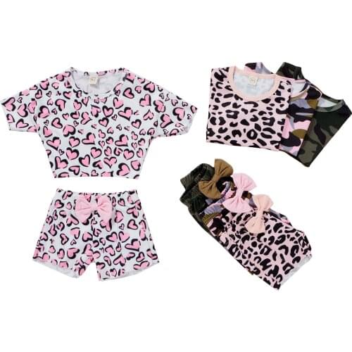 FOCUSNORM 4 Style Summer Lovely Baby Girls Clothes Sets Heart/Camouflage Printed T Shirts Tops Bow Shorts 2pcs 0-4Y