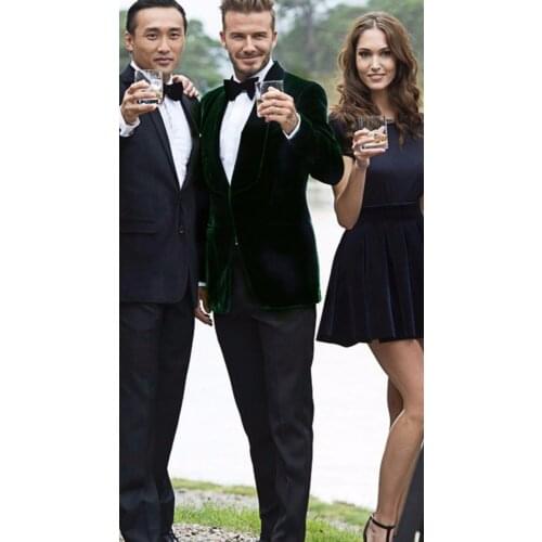 2018 Latest Coat Pant Designs Dark Green Velvet Suits Blazer Men Groom Tuxedos Wedding Prom Dinner Suits For Men (Jacket+Pants)