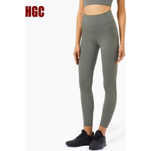 HGC Leggings Sport Women Fitness High Waist Squat Proof Naked Feel Yoga Pants Pocket Soft GYM Capri Elastic Sexy Workout Tights