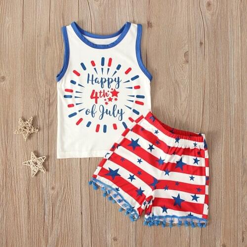 Toddler Baby Girl Independence Day Summer 4th of July Girl Sets Outwear Sleeveless Letter Top + Star Printing Striped Shorts
