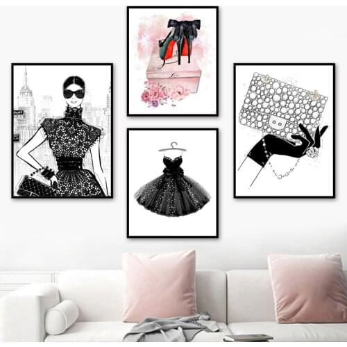 Fashion Girl High Heels Skirt Bag Flower Wall Art Canvas Painting Nordic Posters And Prints Wall Pictures For Living Room Decor