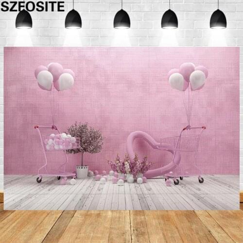 Romantic Balloon Cart Pink Plaid Wallpaper Photography Background Studio Photo Baby Show Kids Birthday Party Decoration Backdrop