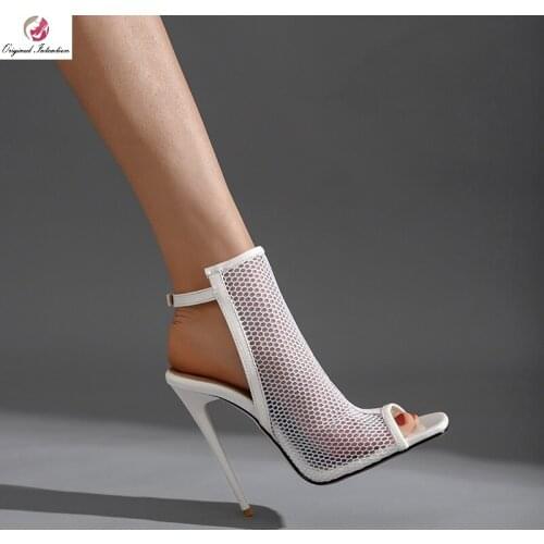 Women Stiletto Sandals Stylish Black White Hollow Out Mesh Zapatos De Mujer Sandals Sexy Peep Toe Casual Party Shoes Woman Heels