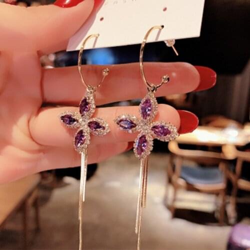 Personality Long Purple Rhinestone Flower Earrings Korean Pearl Circle High-Quality Niche Earrings Fashion All-Match Earrings
