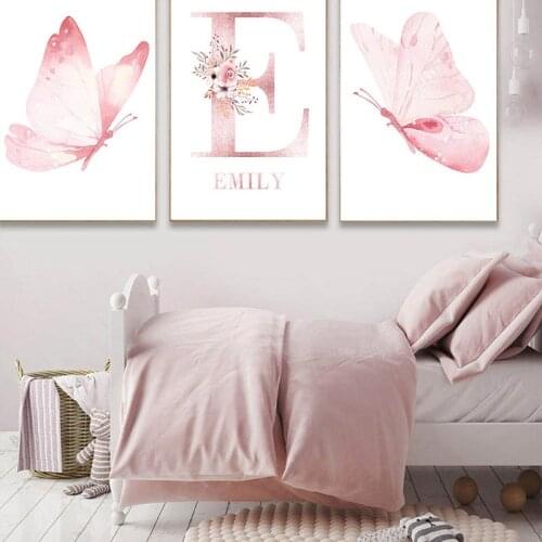 Nordic Wall Art Picture For Girls Bedroom Decoration Pink Butterfly Personalized Name Art Print Canvas Painting Flower Poster