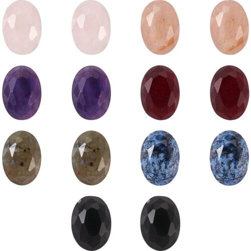 Mixed Natural Gemstone Cabochons Faceted Oval Loose Stone Beads Cameo Cabochon Setting Pendant Base Jewelry Making DIY 14pcs/Box