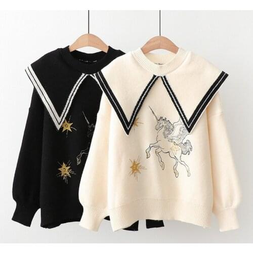 Korobov Japanese Cartoon Embroidery Women Sweaters 2021 Autumn Winter Harajuku Streetwear Pullovers Korean Kawaii Sueter Mujer