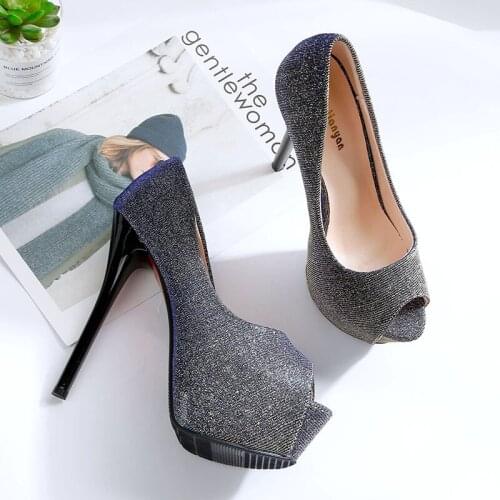 Women Pumps 14CM Thin High Heels Silver Sexy Sequined Cloth Slip On Peep Toe waterproof Rhinestone Bling Party shoes for women
