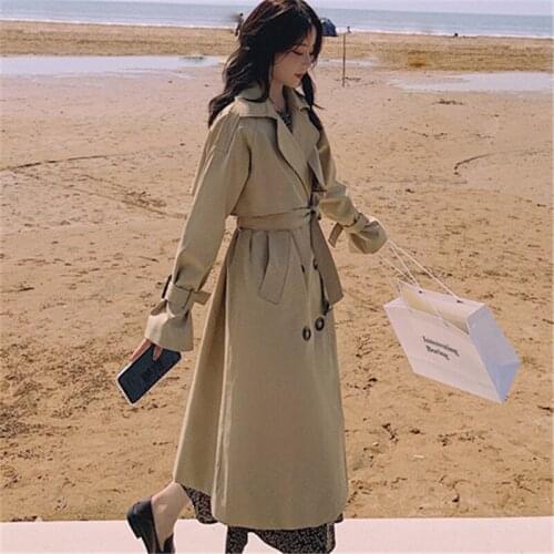 Spring Autumn Khaki Long Trench Coat Women Vintage Double Breasted Temperament Windbreaker Ladies Overcoat Loose Outwear G891