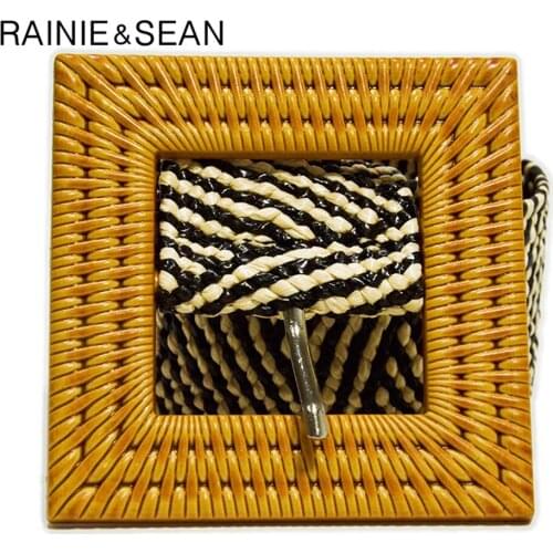 RAINIE SEAN Knitted Women Belt Vintage Ladies Belts for Dresses Female Black Brown Wide Big Square Buckle Braided Belts