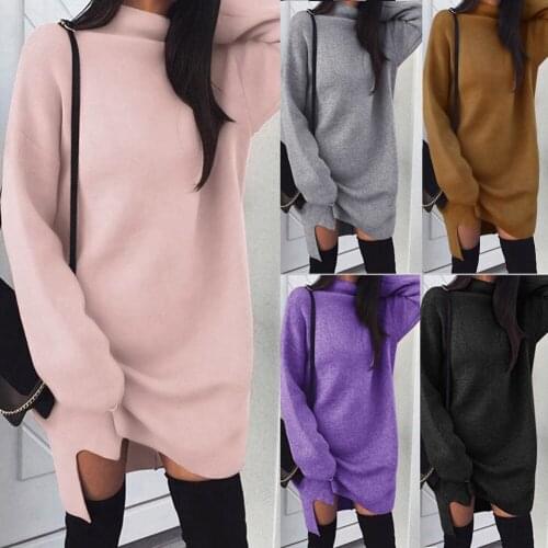 2018 Brand Fashion Womens Autumn Winter Long Sleeve Solid Turtleneck Warm Knitted Dress Split Stand Collar Soft Cotton Dresses