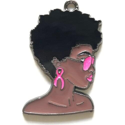 10pcs Afro Black Women Pink Ribbon Breast Cancer Awareness Charm Pendants for Women Bracelet Necklace Keychain Jewelry Making