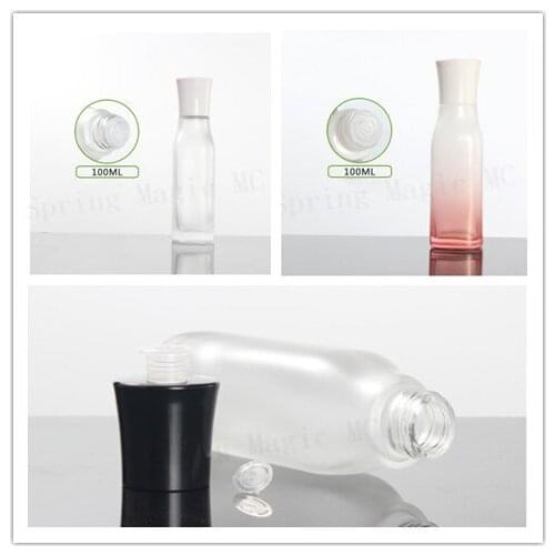100ML Square Pearl White Pink/Frosted Glass Bottle With Plastic Stopper Black/White Lid Cosmetic Container,Travel Sub-bottles