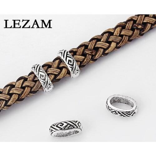 20pcs Antique Carved Geometric Patterns Charms Slider Spacer Beads For 9*5mm Leather Cord Jewelry Accessories Findings